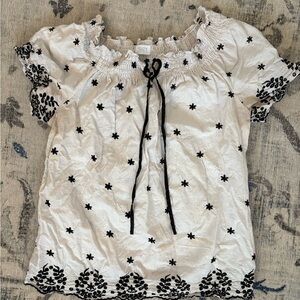 Women's White and Black Embroidered Baby Doll Blouse